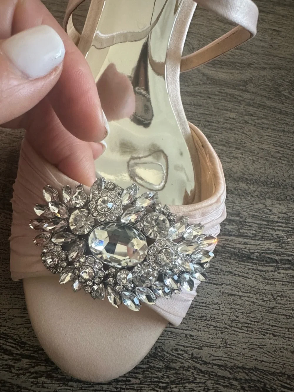 Badgley Mischka Rose Gold Satin Wedge Sandal with Crystal Accent - Picture 7 of 11